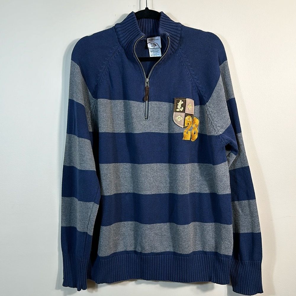 Disney Mickey Patch Rugby Pullover Sweater Blue Gray Pullover 1/4 Zip Men Large